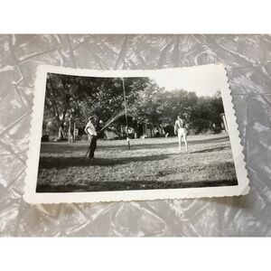 Vtg B&W Snapshot Men in Backyard Garden Hose Scalloped Edge Kodak Velox Photo